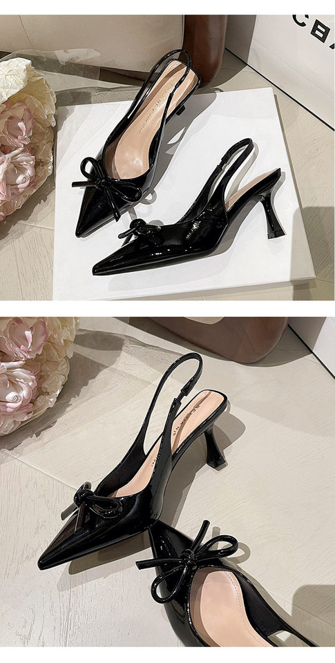 Giày cao gót nữ mũi nhọn gót mảnh quai ngang thắt nơ, sandal bít mũi gót 6–8 cm — Màu trắng be, Màu đen, Màu đỏ rượu chi tiết 17