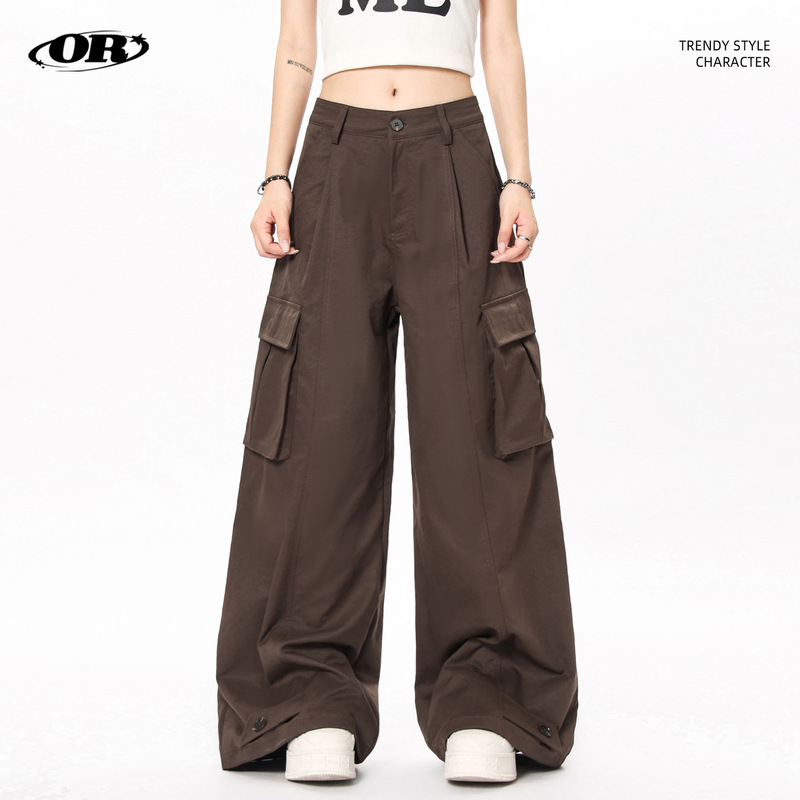 OREETA, American Street Fashion Retro Brown Crowd Pants, Chaozhou Brand High Sense Big Pocket Straight Wide Leg Crowd Pants