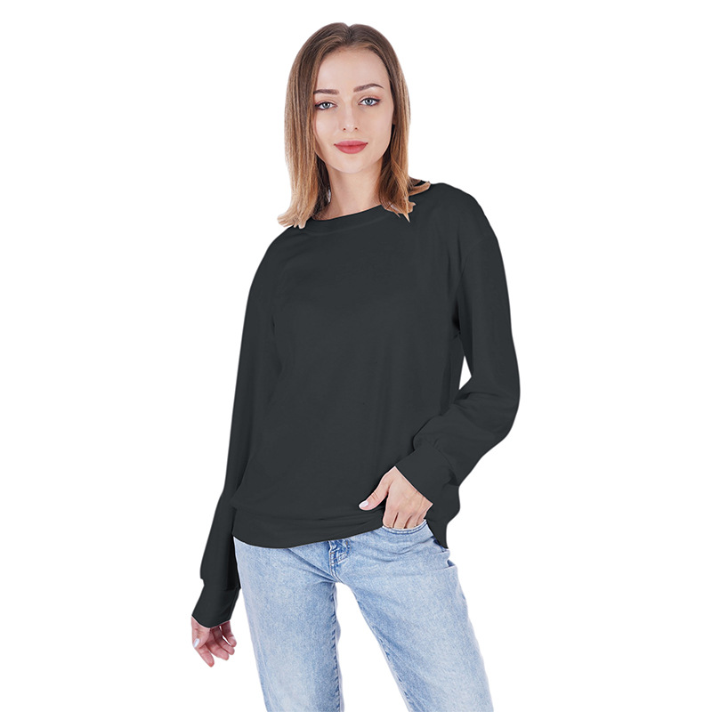 Felpa con cappuccio a maniche lunghe con scollo tondo autunnale, tinta unita, da donna, maglione di lana_voghion.com