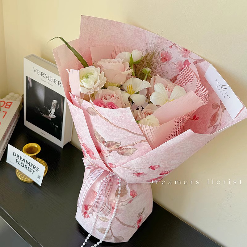 Pamela de alta calidad de la serie de impresión de bordes de melocotón de papel de embalaje de flores nuevos estampados en relieve de papel de arte de papel de embalaje de flores