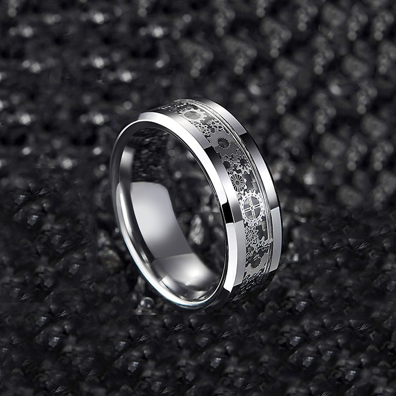 Fashion Black-plated Carbon Fiber Titanium Steel Gear Ring display picture 5