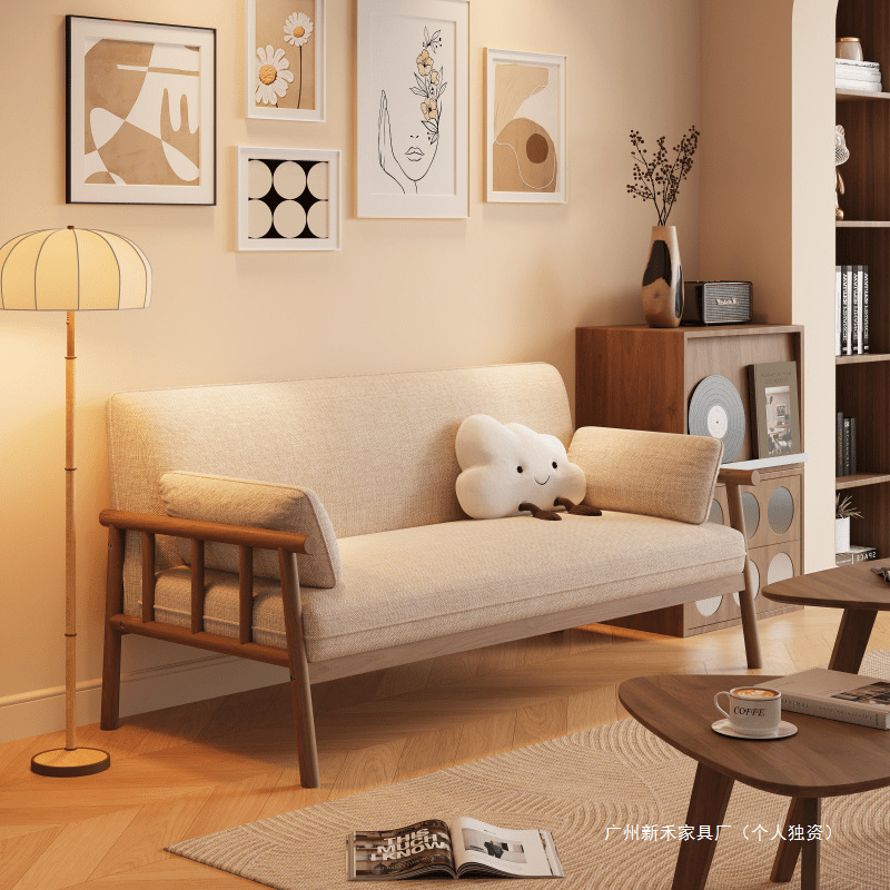 Japanese-Style Solid Wood Small Apartment Living Room Three-Seater Sofa Table and Chairs for Winter and Summer Dual-Use Rental Apartment