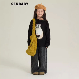 Children's Sweater 2024 Autumn and Winter New Knitted Thickened Top Girls Cat Mohair Sweater Jeans Two-Piece Set
