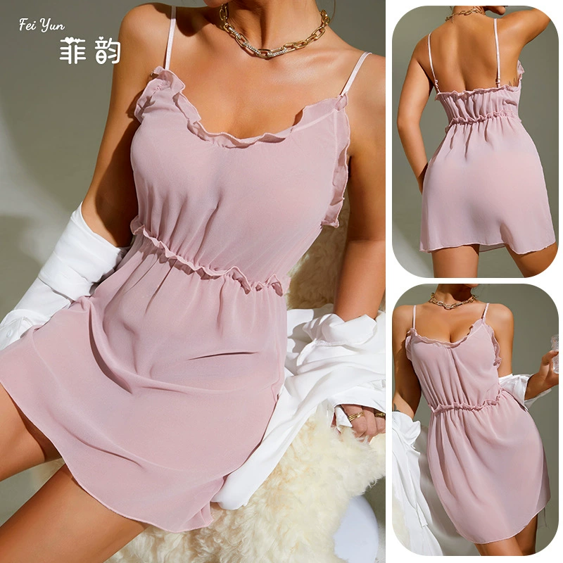 Филиппинская рифма фабричные товары прямые поставки сексуальные шифоновые перспективные пижамы мягкие и гладкие однотонные подтяжки Ночная Рубашка домашняя одежда F1016