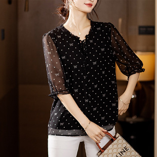 Floral Chiffon Shirt Women's 2024 Summer New Mother Belly Covering Mid-Sleeve Top Loose plus size Short-Sleeved Shirt