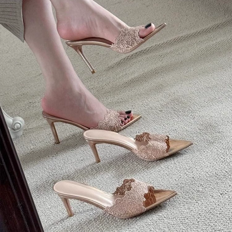 2025 французское шампанское цвета кружевные тапочки на высоком каблуке женские дикие каблуки