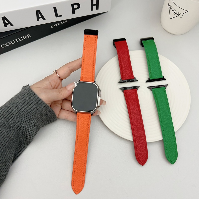 For Apple Apple Watch9 magnetic buckle litchi pattern leather strap iwatch8Ultra folding buckle wrist strap