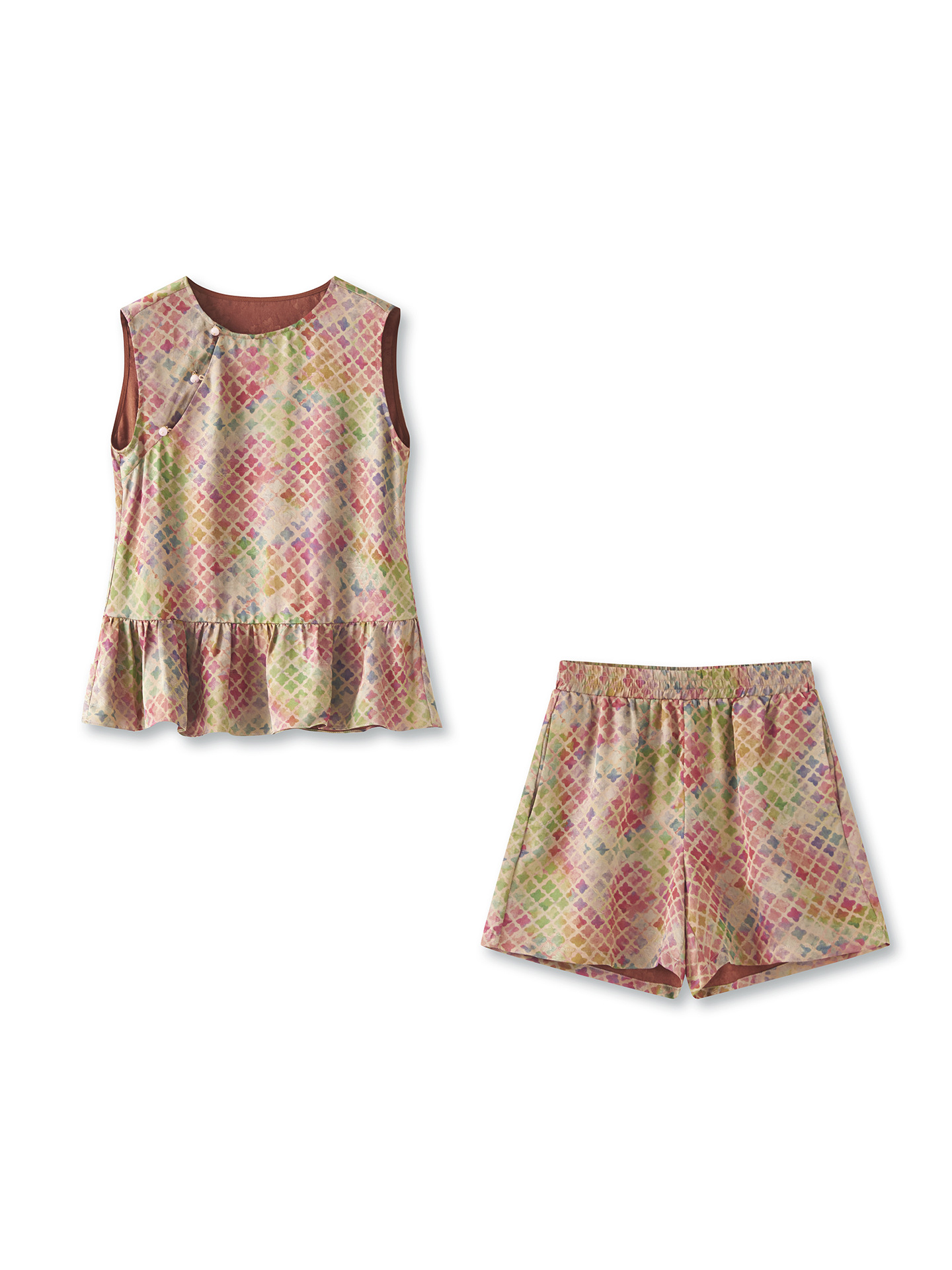 Bộ áo vest jacquard họa tiết cỏ bốn lá kết hợp quần short cạp thun nữ mùa hè — Cỏ bốn lá