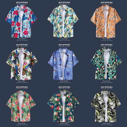 Short-sleeve floral shirt, Hainan Island outfit, beachwear, Sanya summer style, Thai-inspired travel wear—men's casual, loose-fitting jacket for couples