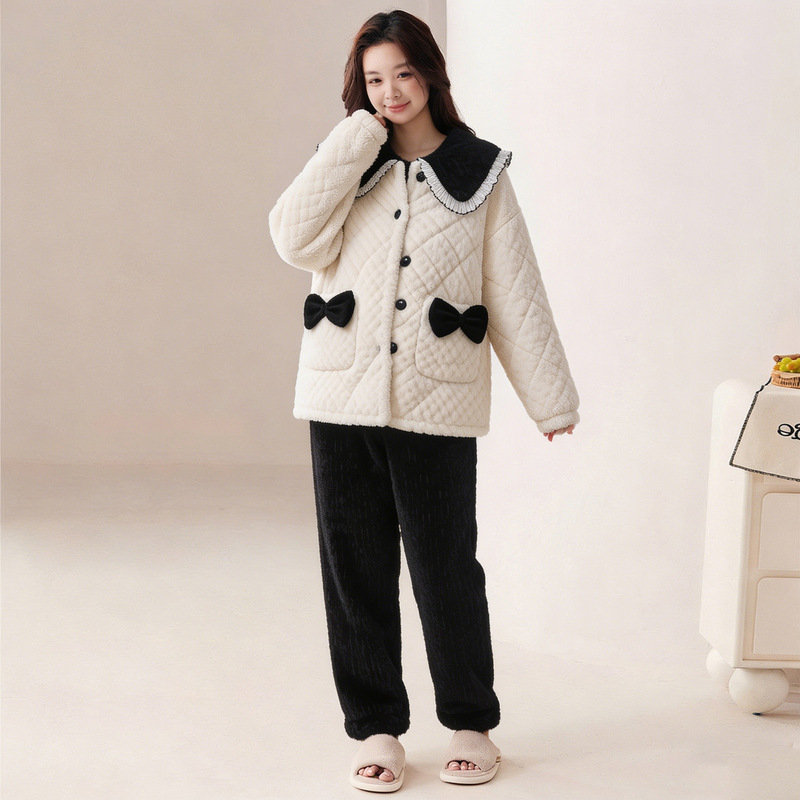 Bowknot Padded Cotton Pajamas for Women, Winter Flannel Loungewear with Turn-Down Collar (Hao) 501g, Three-Layer Padded and Thickened