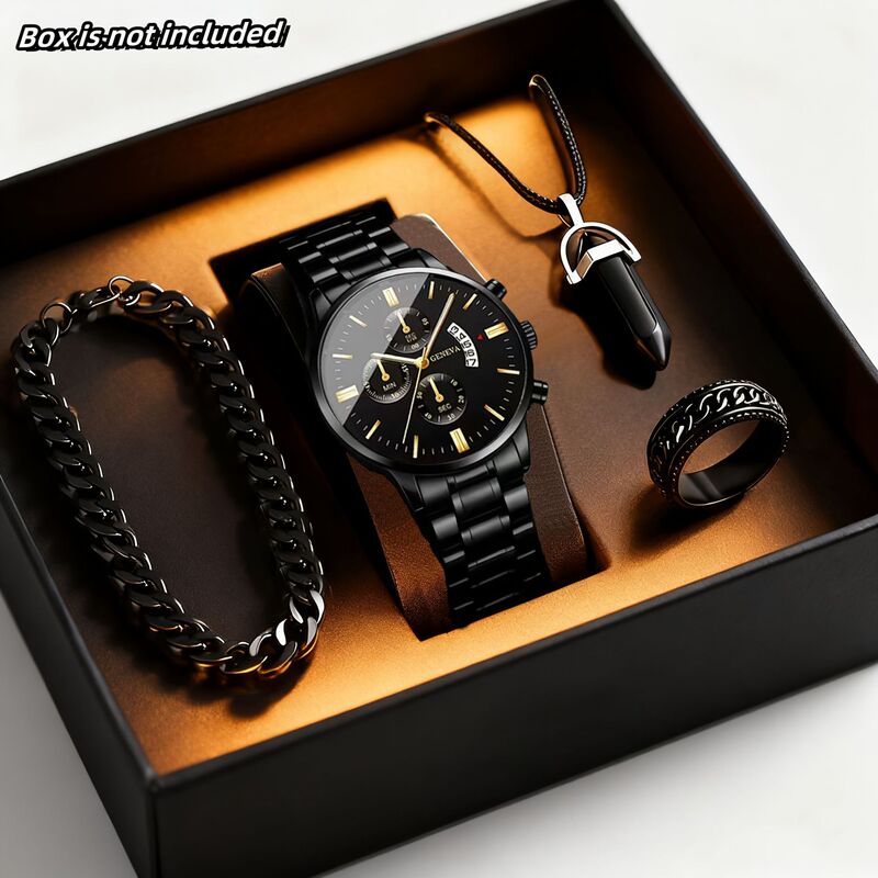 4-piece set of men's Roman numeral wristwatches - vintage black dial quartz watches with date calendar