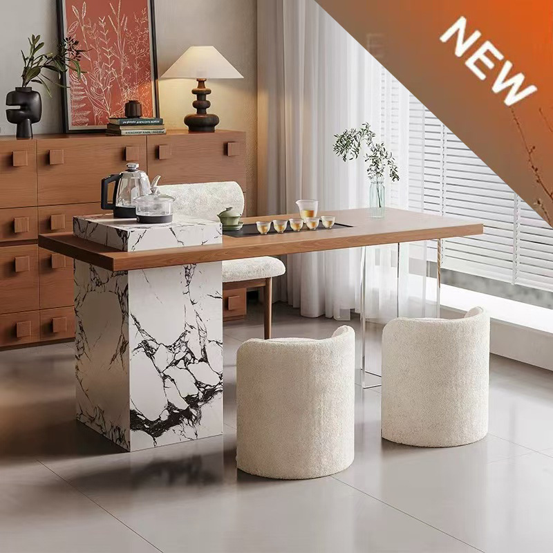 Solid Wood Balcony Island Table Tea Table and Chair Combination Small Apartment Household Rock Plate Tea Table 2024 New Style Light Luxury High-end Sense