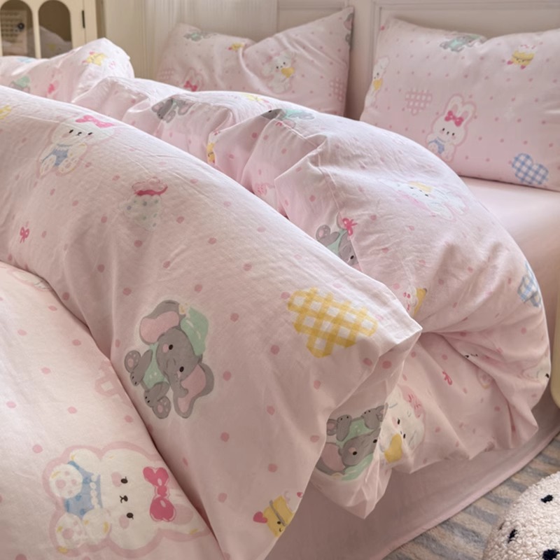 Cama de hilo de doble capa de algodón estilo ins Juego de cuatro piezas Funda de edredón de algodón puro para niños 2025 Nuevo juego de tres piezas de dormitorio de sábanas