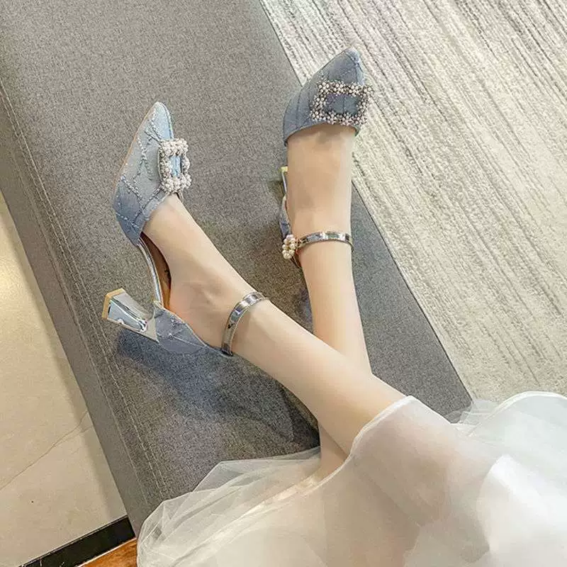 Босоножки на каблуке-котенке 5 см, 7cm г., женская обувь на среднем низком каблуке, женская обувь на высоком каблуке с одним ремешком и жемчугом, на высоком каблуке-шпильке