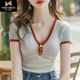 时尚绝美简约风灰色V领短袖T恤女夏季新款独特百搭超好看针织小衫