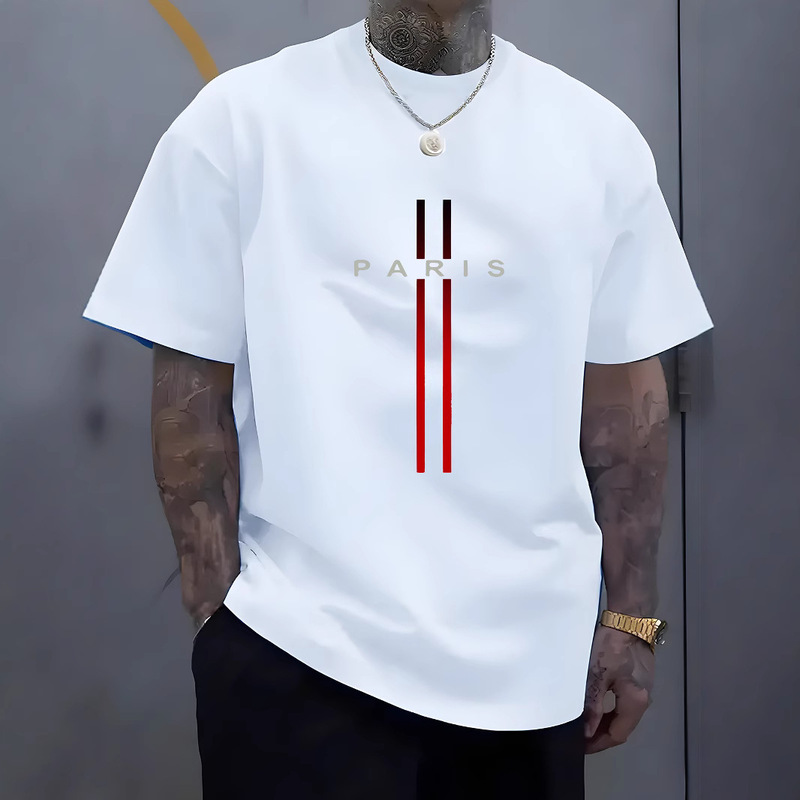 Summer Men's 100 Cotton Casual Loose Fit Plus Size Paris Letter Print Round Neck Short Sleeves Summer Men's 100 Cotton Casual Loose Fit Plus Size Paris Letter Print Round Neck Short Sleeves