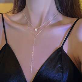 高级感长款Y型流苏闪钻项链女小众轻奢双层性感锁骨链精致颈链潮