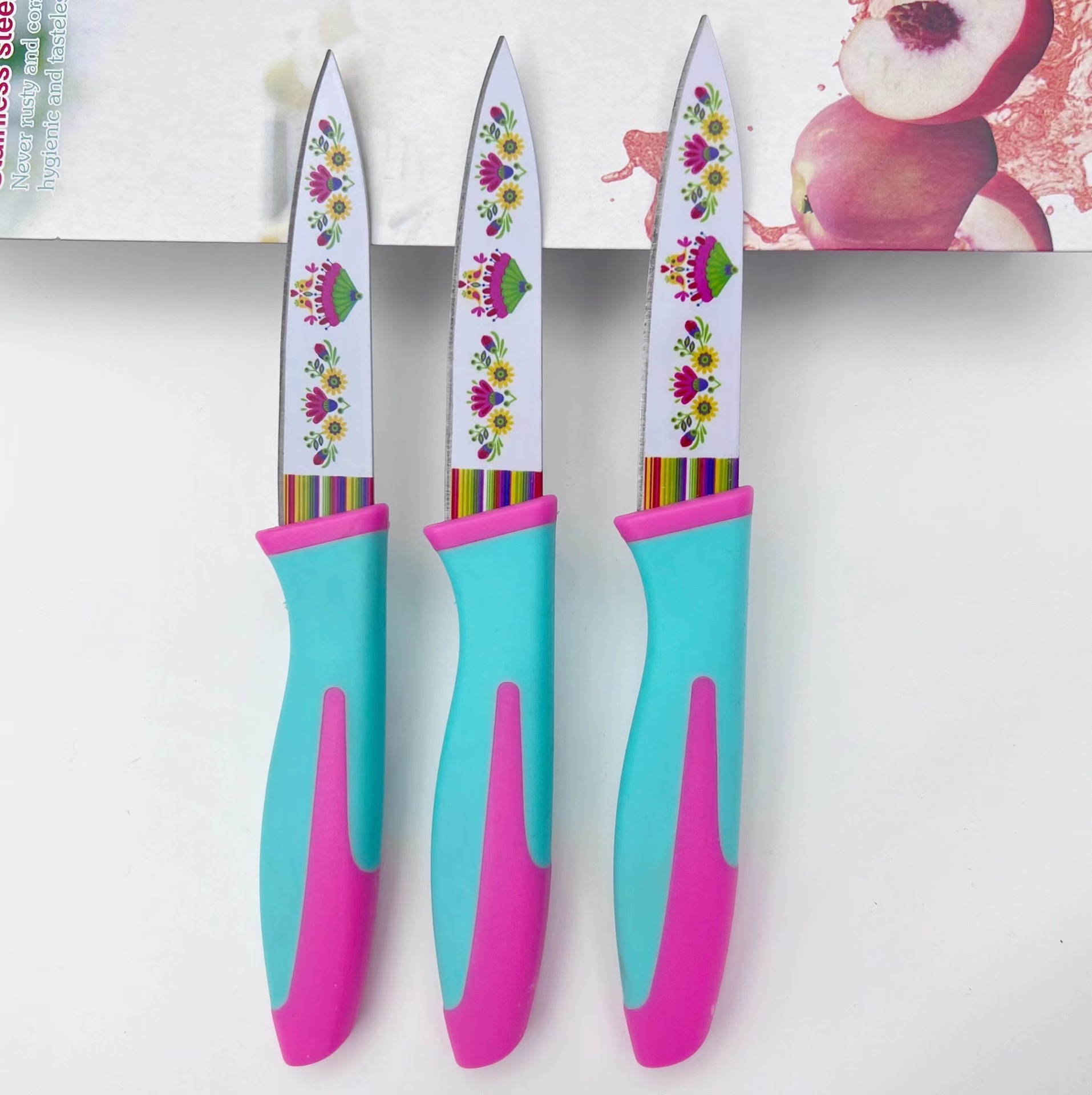 厂家批发 新款不锈钢印花刀 家用厨房刀具 3pc套装刀 水果刀