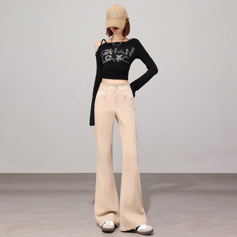 Flip-back pocket double-button flared jeans, washed, suitable for commuting and outings, refreshing, versatile, slimming, and extra-long with a floor-length design