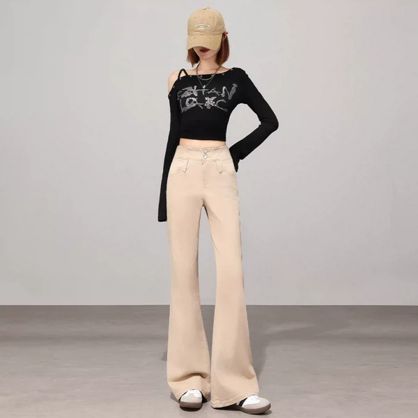 Flip-back pocket double-button flared jeans, washed, suitable for commuting and outings, refreshing, versatile, slimming, and extra-long with a floor-length design