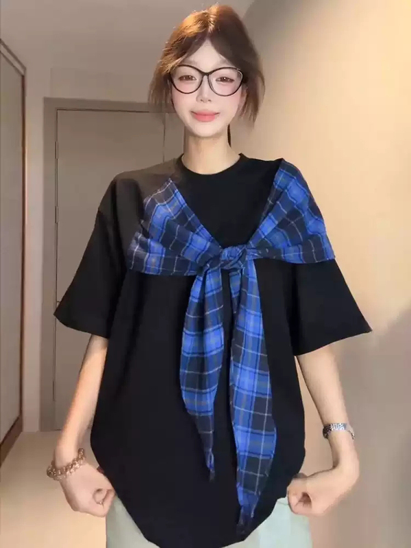 国潮设计感蝴蝶结格子披肩慵懒风黑色蓝格纹潮流短袖T恤ins上衣女|undefined