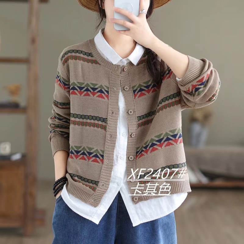 春季新款圆领针织衫上衣女宽松短款长袖毛衣外套休闲显瘦棉线开衫|undefined