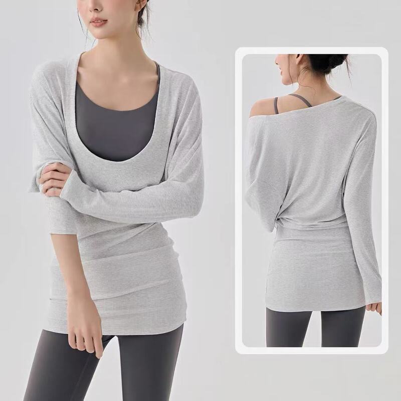 New U-neck yoga top with bat sleeves, long style, suitable for Pilates training, loose fit, covers the hips, for sports and fitness New U-neck yoga top with bat sleeves, long style, suitable for Pilates training, loose fit, covers the hips, for sports and fitness