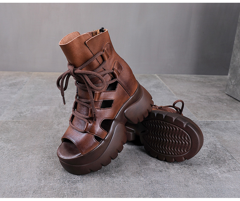 Boot nữ da bò cổ ngắn hở mũi đế cao kiểu La Mã — Màu đen chi tiết 17