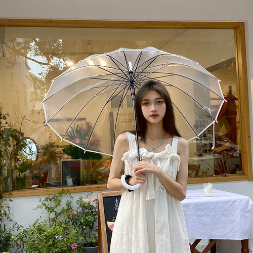 Japanese fresh sixteen-strand white side long handle Internet celebrity transparent umbrella thickened and widened wind-resistant simple fashion umbrella