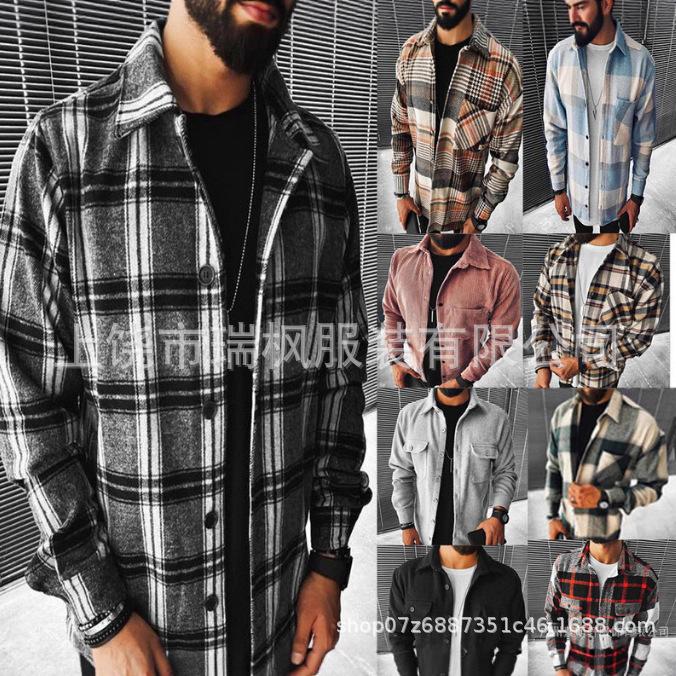 热卖跨境 wish 亚马逊 新款男士开衫手抓绒格子口袋长袖衬衫厂家