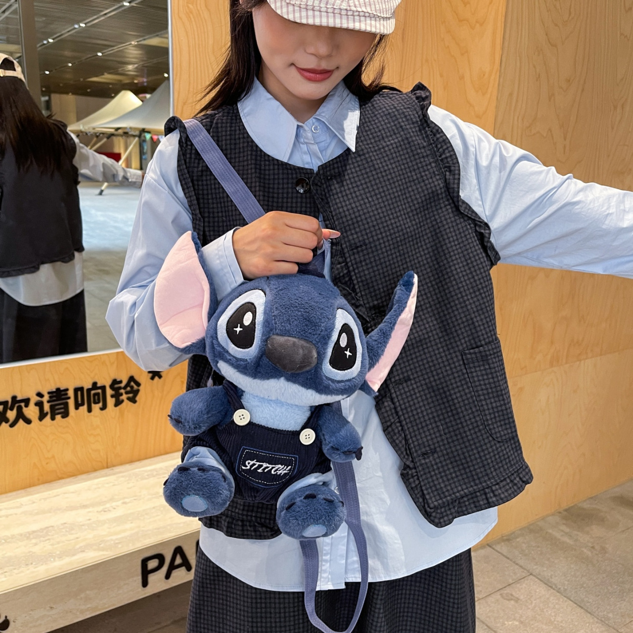 New Cartoon Plush Toy Doll Hoodie Overalls Stitch Double Backpack Grabber Doll Exchange Model