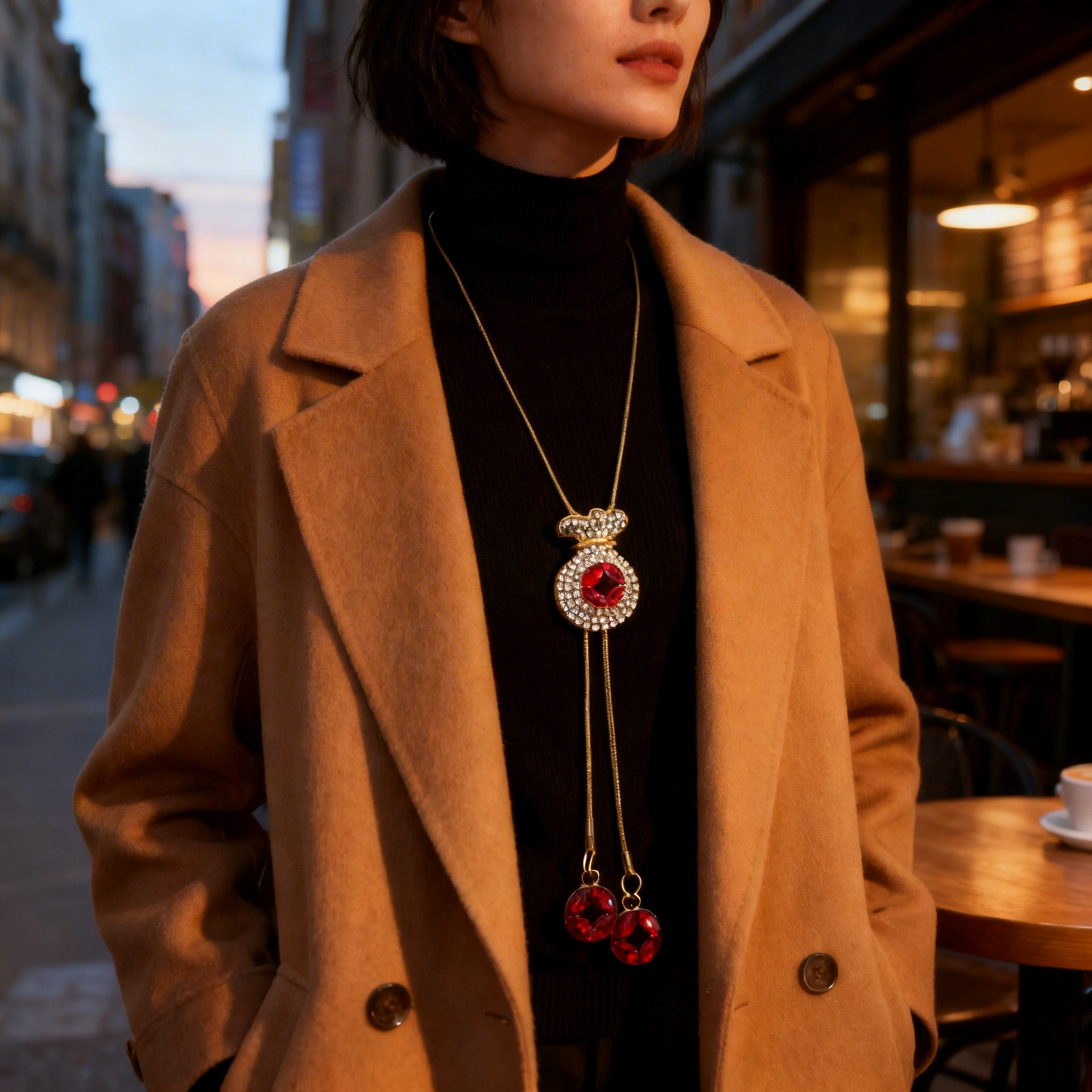 Herbst-Winter-Halskette mit diamantverziertem Glücksbeutel und Münzanhänger, lange Quasten, trendig und vielseitig_voghion.com