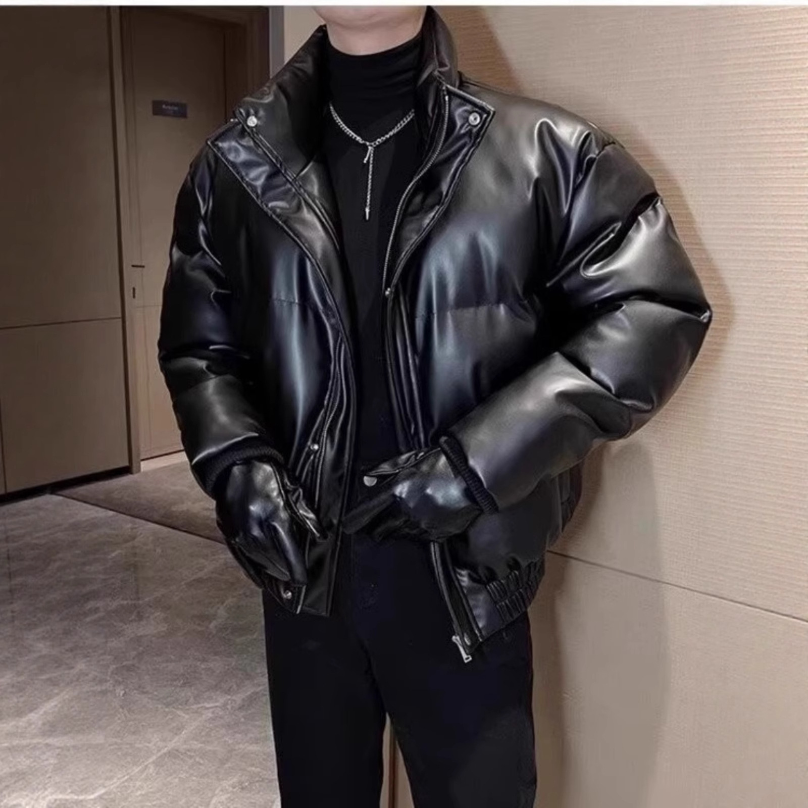 ins潮牌高级感痞帅pu皮棉衣男冬季立领加厚保暖防水机车棉服外套