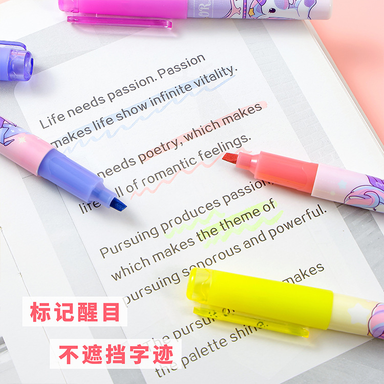 Resaltador de unicornio transfronterizo, tarjeta de succión, 4 paquetes, marcador de marca para estudiantes, papelería creativa, mini bolsillo, bolígrafo fluorescente