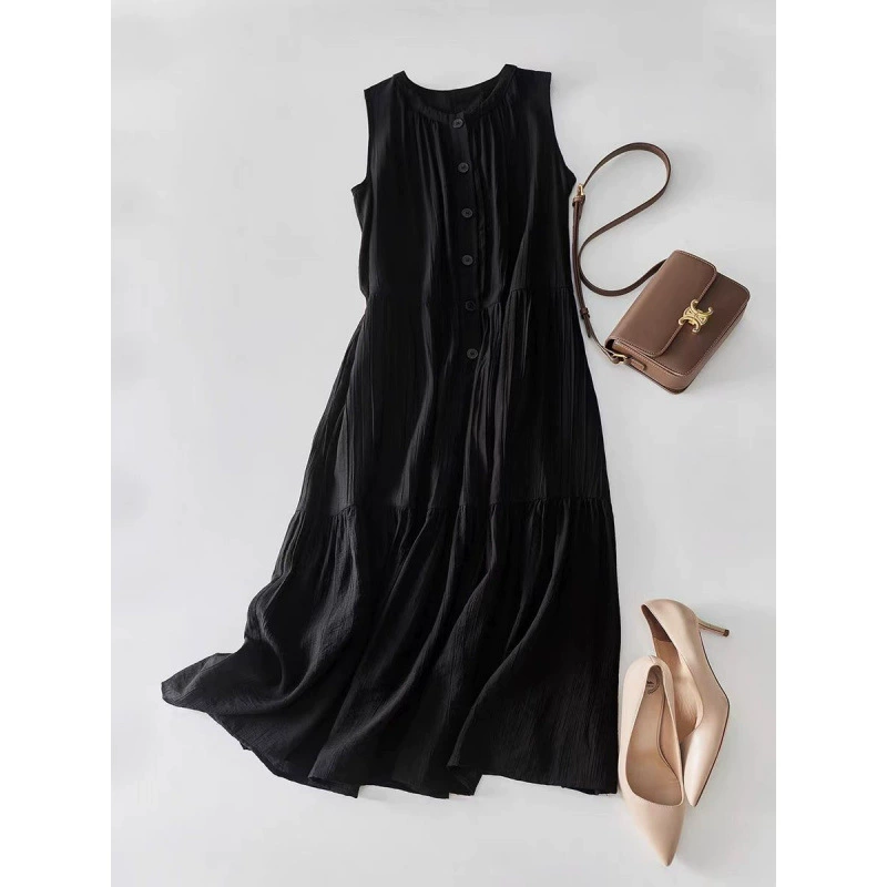 2025 новое нишевое летнее платье для женщин: свободное черное текстурированное платье-жилет с длинной юбкой для повседневной носки