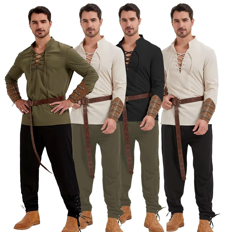 2024 Spring Cross-Border Halloween Men's Pirate Shirt Cosplay Medieval Ankle Pants