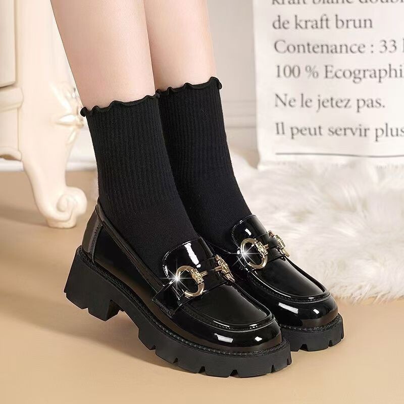 2026 Versatile Glossy British-Style Slip-On Round-Toe Thick-Soled Women's Leather Shoes Height-Increasing Korean-Style Wear-Resistant Workwear Trendy Shoes 2026 Versatile Glossy British-Style Slip-On Round-Toe Thick-Soled Women's Leather Shoes Height-Increasing Korean-Style Wear-Resistant Workwear Trendy Shoes
