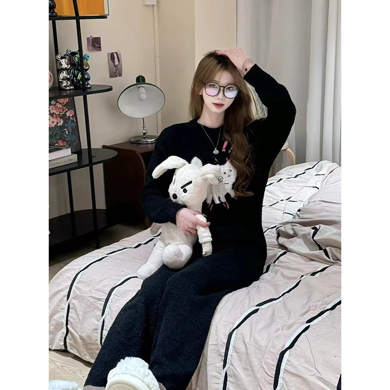 【现货】ins软糯半边绒睡衣女冬季2025保暖针织衫长裤家居服套装潮|undefined