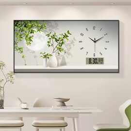 钟表挂钟餐厅装饰画小清晰绿植客厅家用新款奶油风万年历时钟挂画