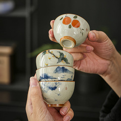 哥窯開片可養手描き品茗杯徳化陶磁器工夫茶器杯釉薬下彩主人杯セット