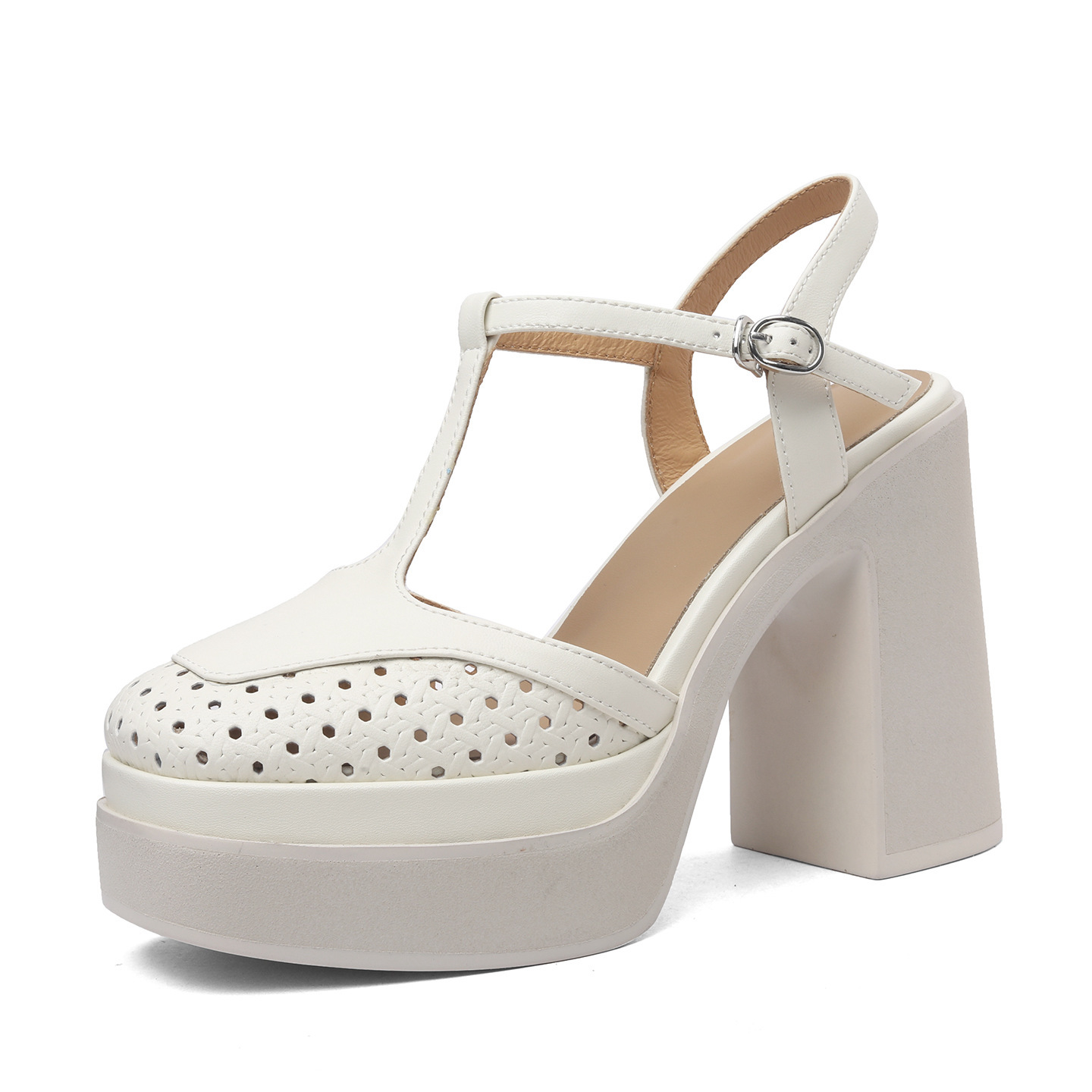 Sandal cao gót nữ mũi nhọn quai T khóa, đế dày 11 cm, phong cách dệt — màu trắng ngà chi tiết 11
