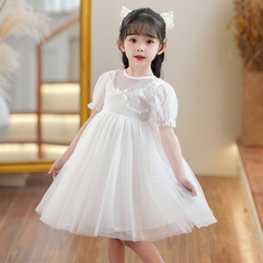 女童公主裙夏款蕾絲泡泡袖兒童連衣裙時髦露背網紗裙子女孩禮服裙