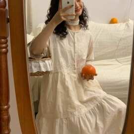简梦刺绣流苏花边短袖连衣裙 2026夏季新款森女系圆领长裙826-578