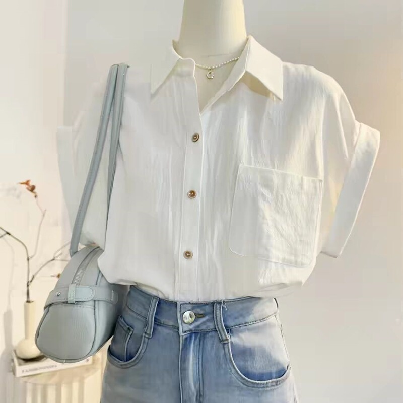 White Turn-Down Collar Short-Sleeve Shirt for Women, 2026 Summer New Style, Loose and Simple, Versatile for Commuting, Casual Top
