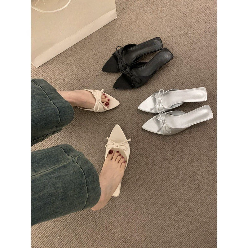 Slippers pointy toe, footwear, slide with bow, french style, 2024 years