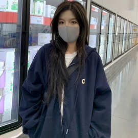 批发连帽长袖卫衣女2021春秋宽松慵懒风oversize高街拉链开衫外套