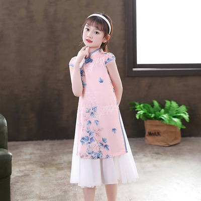 Girls dress China wind improved cheongsam summer princess dress wet ink painting children&apos;s wear skirt