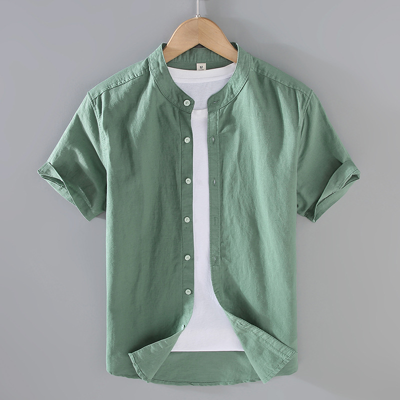 Camicia uomo maniche corte lino stile cinese collo alla coreana_voghion.com