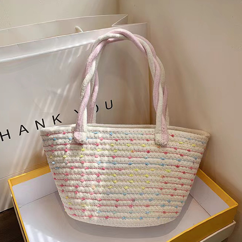 Bolsa tejida de algodón de mano Rosa giro nueva bolsa de almacenamiento de bolsa de playa de vacaciones bolsa de mano fresca pequeña