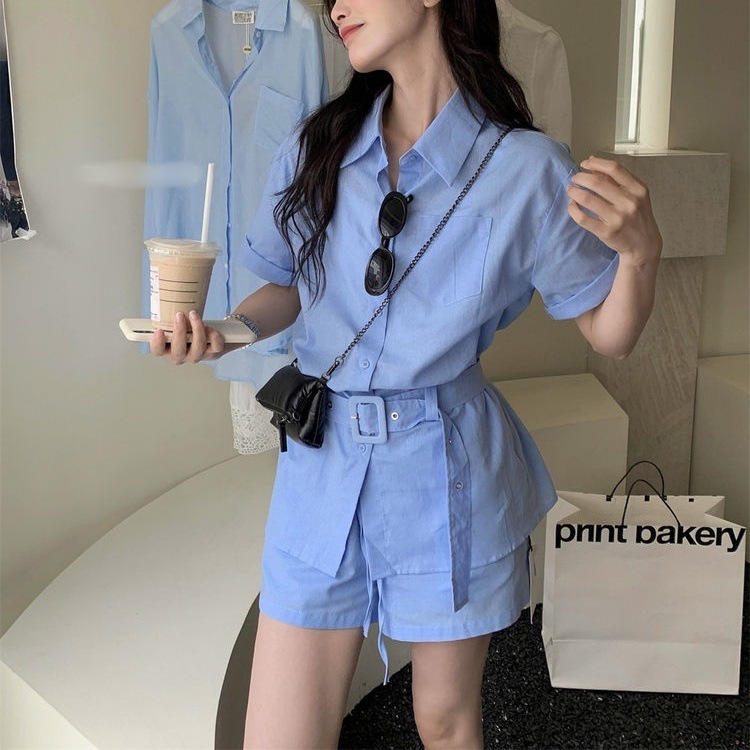 韩系新款时尚百搭女2025夏季设计感翻领短袖衬衫高腰显瘦短裤套装|undefined